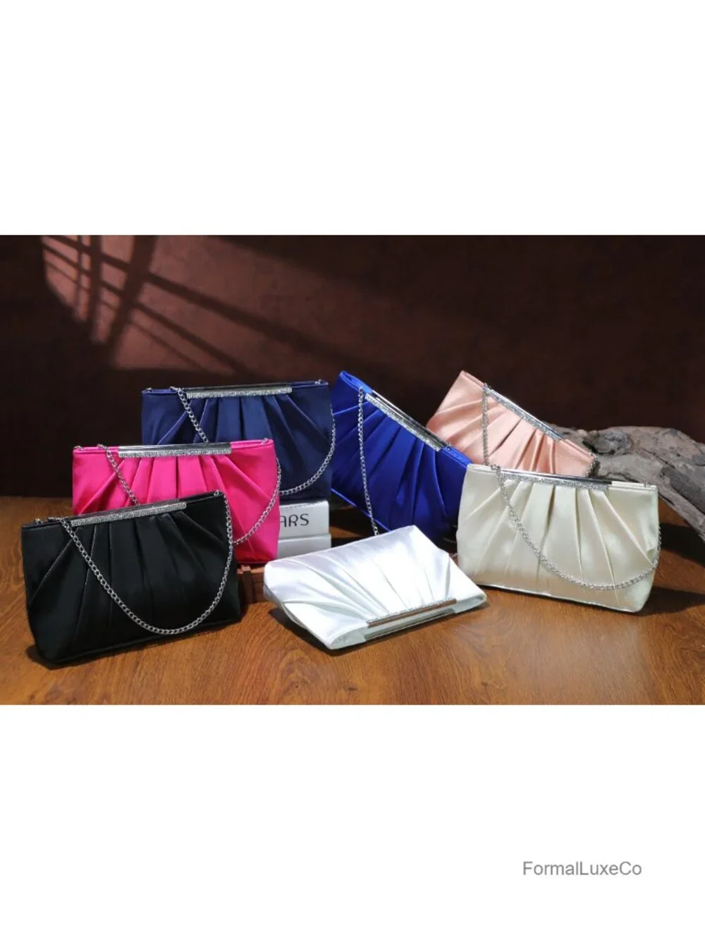 Elegant Pleated Evening Clutch with Rhinestones, Polyester, Detachable Chain